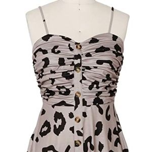 Women's Leopard Print Summer Sweetheart Spaghetti Strap Button Down Aline Knee L